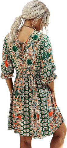 فستان Romwe النسائي بطباعة قبلية بوهو بأكمام قصيرة ورقبة على شكل حرف V وربطة خلفية للصيف in Kuwait