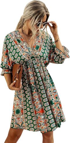 فستان Romwe النسائي بطباعة قبلية بوهو بأكمام قصيرة ورقبة على شكل حرف V وربطة خلفية للصيف in Kuwait