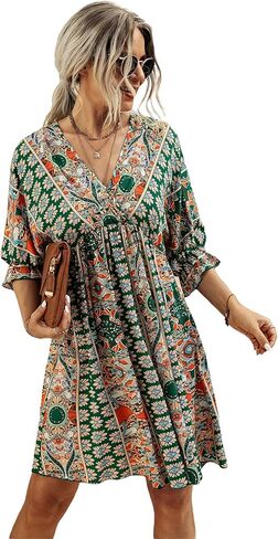 فستان Romwe النسائي بطباعة قبلية بوهو بأكمام قصيرة ورقبة على شكل حرف V وربطة خلفية للصيف in Kuwait