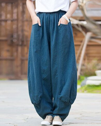 بنطلون نسائي من IXIMO من الكتان بخصر مطاطي مرقع للاسترخاء عند الكاحل وجيوب أمامية باللون الأخضر العسكري S in Kuwait