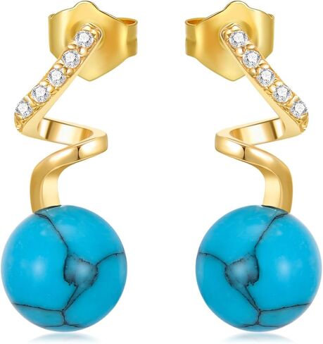 14K الصلبة الذهب الفيروز أقراط للنساء 14K الذهب الحقيقي الفيروز الطبيعي استرخى إسقاط أقراط للنساء 6 مللي متر أقراط الفيروز المستديرة in Kuwait