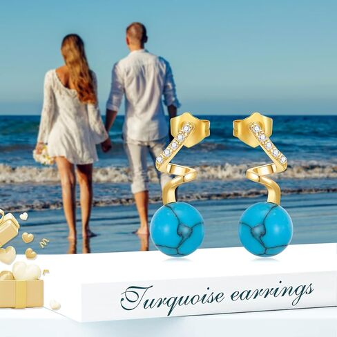 14K الصلبة الذهب الفيروز أقراط للنساء 14K الذهب الحقيقي الفيروز الطبيعي استرخى إسقاط أقراط للنساء 6 مللي متر أقراط الفيروز المستديرة in Kuwait