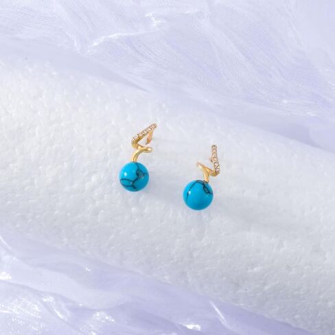 14K الصلبة الذهب الفيروز أقراط للنساء 14K الذهب الحقيقي الفيروز الطبيعي استرخى إسقاط أقراط للنساء 6 مللي متر أقراط الفيروز المستديرة in Kuwait