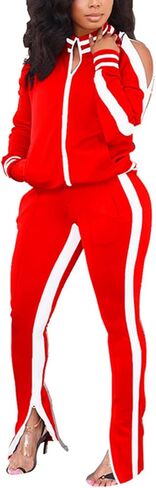 Bornpom Women 2 Piece Outfits Striped Patchwork Color Block Jackets Bodycon Side Slit Long Pants Tracksuit Sets in Kuwait