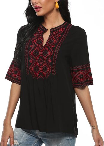 Mexican Embroidered Tops for Women Summer Short Sleeve Boho Shirts Peasant Blouses, Loose Fitting Bohemian Top Hippie Clothes in Kuwait