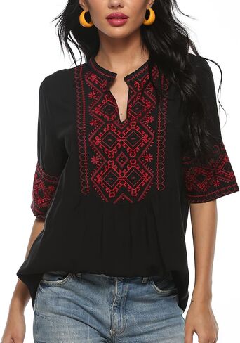 Mexican Embroidered Tops for Women Summer Short Sleeve Boho Shirts Peasant Blouses, Loose Fitting Bohemian Top Hippie Clothes in Kuwait