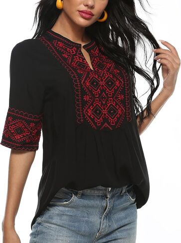 Mexican Embroidered Tops for Women Summer Short Sleeve Boho Shirts Peasant Blouses, Loose Fitting Bohemian Top Hippie Clothes in Kuwait