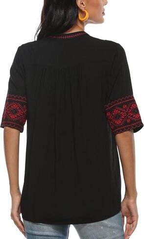 Mexican Embroidered Tops for Women Summer Short Sleeve Boho Shirts Peasant Blouses, Loose Fitting Bohemian Top Hippie Clothes in Kuwait