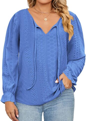 DOLNINE Plus Size Tops for Women V-Neck Puff Long Sleeve Eyelet Drawstring Shirts in Kuwait
