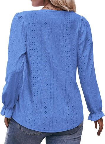 DOLNINE Plus Size Tops for Women V-Neck Puff Long Sleeve Eyelet Drawstring Shirts in Kuwait