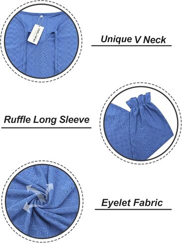 DOLNINE Plus Size Tops for Women V-Neck Puff Long Sleeve Eyelet Drawstring Shirts in Kuwait