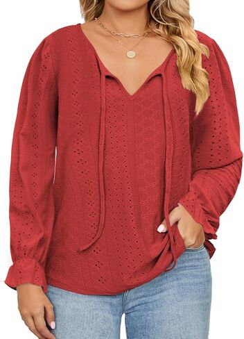 DOLNINE Plus Size Tops for Women V-Neck Puff Long Sleeve Eyelet Drawstring Shirts in Saudi Arabia
