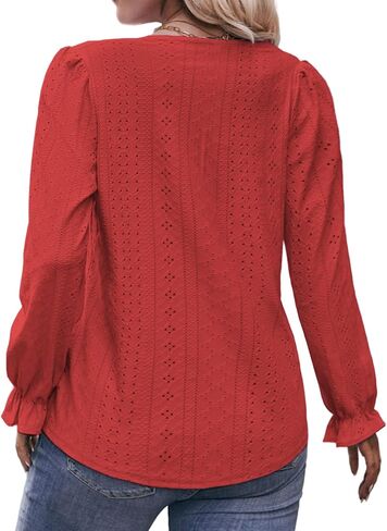 DOLNINE Plus Size Tops for Women V-Neck Puff Long Sleeve Eyelet Drawstring Shirts in Saudi Arabia