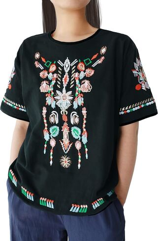 SeekMe Women's Embroidered Blouse Cotton Linen Short Sleeve Peasant Boho Mexican Tunic Top Casual T Shirt in Kuwait