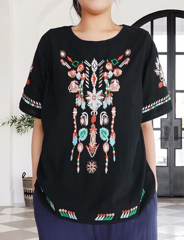 SeekMe Women's Embroidered Blouse Cotton Linen Short Sleeve Peasant Boho Mexican Tunic Top Casual T Shirt in Kuwait