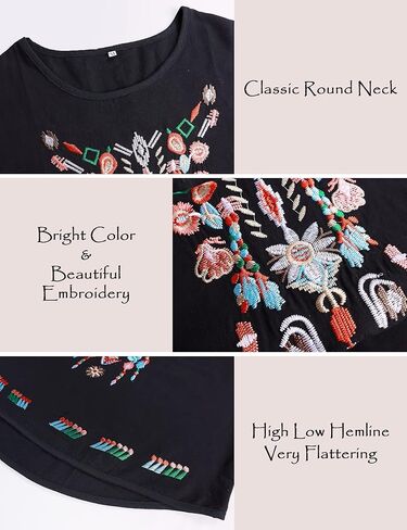SeekMe Women's Embroidered Blouse Cotton Linen Short Sleeve Peasant Boho Mexican Tunic Top Casual T Shirt in Kuwait