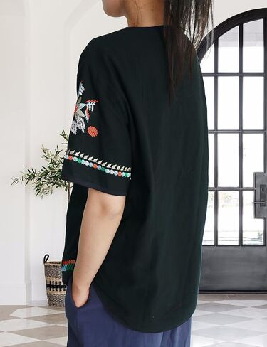 SeekMe Women's Embroidered Blouse Cotton Linen Short Sleeve Peasant Boho Mexican Tunic Top Casual T Shirt in Kuwait