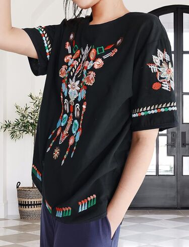 SeekMe Women's Embroidered Blouse Cotton Linen Short Sleeve Peasant Boho Mexican Tunic Top Casual T Shirt in Kuwait