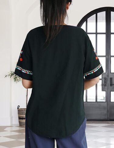 SeekMe Women's Embroidered Blouse Cotton Linen Short Sleeve Peasant Boho Mexican Tunic Top Casual T Shirt in Kuwait