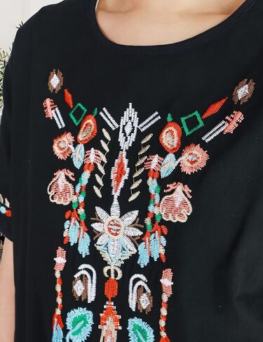 SeekMe Women's Embroidered Blouse Cotton Linen Short Sleeve Peasant Boho Mexican Tunic Top Casual T Shirt in Kuwait