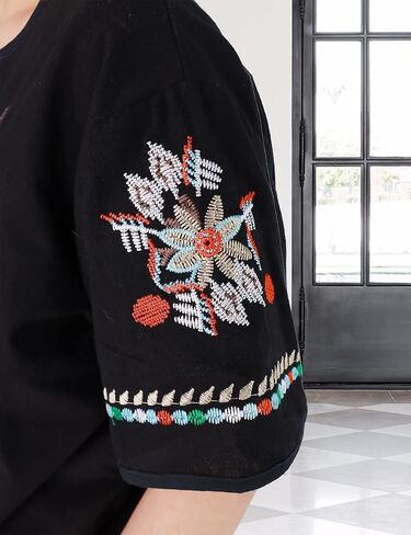 SeekMe Women's Embroidered Blouse Cotton Linen Short Sleeve Peasant Boho Mexican Tunic Top Casual T Shirt in Kuwait