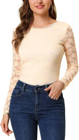 Allegra K Women's Sheer Long Sleeves Flower Embroidery Lace Top in Kuwait