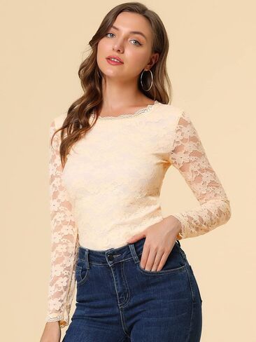 Allegra K Women's Sheer Long Sleeves Flower Embroidery Lace Top in Kuwait