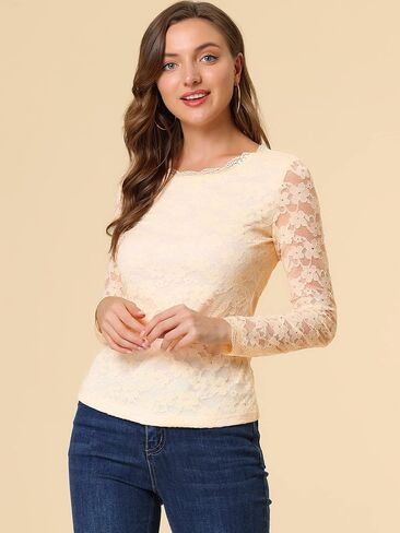 Allegra K Women's Sheer Long Sleeves Flower Embroidery Lace Top in Kuwait