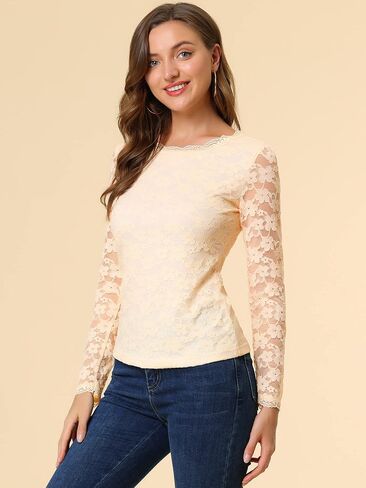 Allegra K Women's Sheer Long Sleeves Flower Embroidery Lace Top in Kuwait