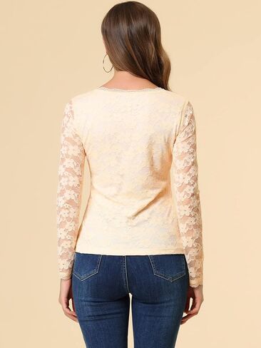 Allegra K Women's Sheer Long Sleeves Flower Embroidery Lace Top in Kuwait