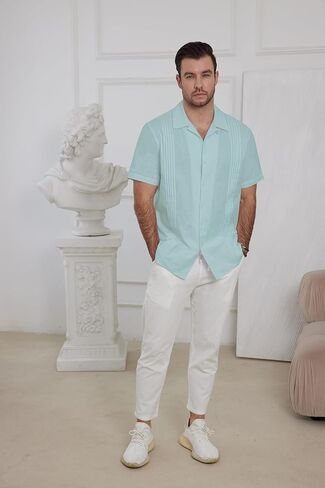 JEKAOYI قمصان من الكتان بأزرار للأسفل وأكمام قصيرة للرجال قميص شاطئ صيفي بياقة كوبية غير رسمية بطيات من Guayabera in Kuwait