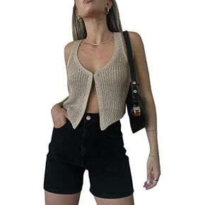 Crochet Knitted Vest for Women Vintage Y2K Hollow Out Button Down Cardigan Retro Crochet Knit Tank Vest