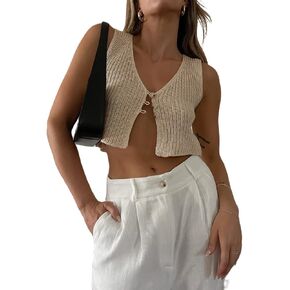 Crochet Knitted Vest for Women Vintage Y2K Hollow Out Button Down Cardigan Retro Crochet Knit Tank Vest