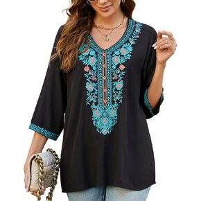 Traditional Mexican Embroidered Peasant Tops for Women, Plus Size Vintage Floral Tunic Shirts, Flowers Embroidery Blouses