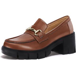 Coutgo Womens Chunky Platform Lug Sole Loafers Mid Heel Square Toe Dress Walking Work Shoes with Buckle Chain
