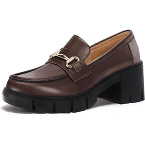 Coutgo Womens Chunky Platform Lug Sole Loafers Mid Heel Square Toe Dress Walking Work Shoes with Buckle Chain in Kuwait