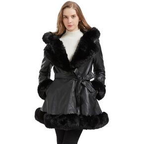 AOWITH Faux Leather Jacket for Women with Faux Fur Collar Long Sleeve Parka with Pockets Warm Winter Coat with Belt