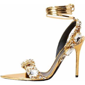 Kluolandi Women's Strappy Stiletto Heels with Crystal Lace Up Gladiator Sexy Open Toe High Heeled Sandals Gold Heels for Women