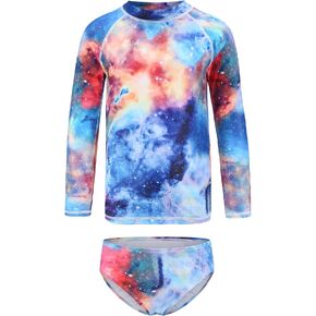 Aisyee Girls Long Sleeve Rash Guard Set Two Piece Swimsuits Tie Dye Bathing Suits for Kids UPF 50+ Swim Shirts