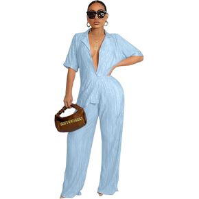KEYUFANG 2 Piece Outfits for Women 90s Casual Boho Trendy Muse Shirt Wide Leg Pants Solid Daily Pleated Suit