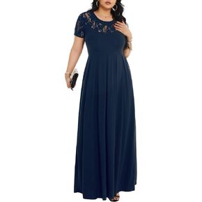 فستان Cuptacc نسائي صيفي كاجوال طويل من الدانتيل بأكمام قصيرة وخصر إمبراطوري طويل مع جيوب in Kuwait