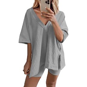 Bufushaoh Women's Oversized 2 Piece Outfits V Neck T-Shirts Biker Shorts Tracksuit Hot Shot Reversible Sets