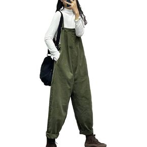YESNO Overalls Women Plus Size Loose Fit Jumpsuits Adjustable Waist Casual Long Bib Pants Cotton Rompers with Pockets PQ1