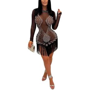 فستان نسائي شبكي شفاف متألق ومثير بأحجار الراين وأكمام طويلة مناسب للحفلات والنوادي الليلية in Kuwait