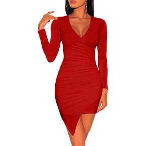 ZileZile Women's Sexy Bodycon Long Sleeve Ruched Deep V Neck Wrap Club Mini Dress in Saudi Arabia