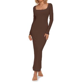Relety Women's Bodycon Maxi Dresses Ribbed Long Sleeve Lounge Long Dress Square Neck Formal Casual Dresses for Women