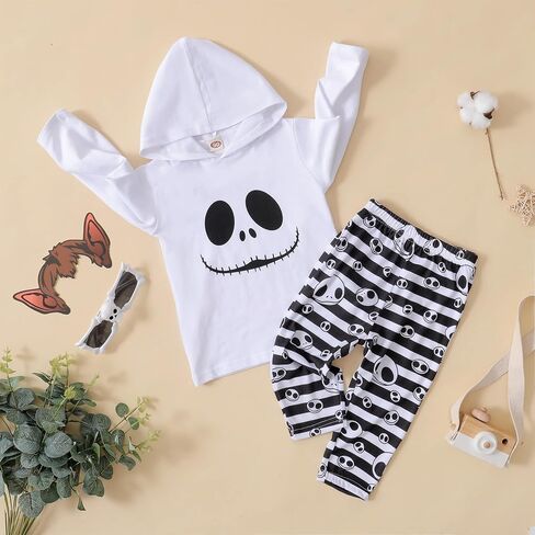 LYSMuch Toddler Baby Girls Boys Halloween Clothes Ghost Hoodie Top Striped Pants Kids Funny Long Sleeve Fall Outfit Set in Saudi Arabia