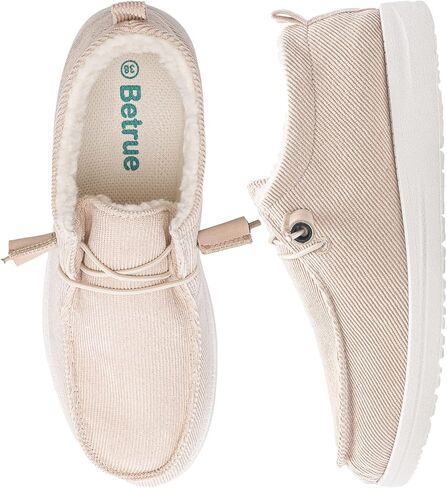 أحذية قارب شتوية خفيفة الوزن من Betrue للنساء، أحذية بدون كعب كاجوال دافئة للنساء، أحذية نسائية مبطنة بالفرو الصناعي، أحذية بدون كعب برباط للنساء، قماش مريح دافئ للنساء in Kuwait