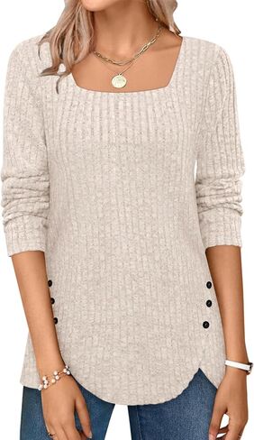 BZB Women's Sweaters Fall 2024 Lightweight Long Sleeve Square Neck Tunic Tops in Kuwait