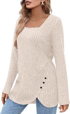BZB Women's Sweaters Fall 2024 Lightweight Long Sleeve Square Neck Tunic Tops in Kuwait